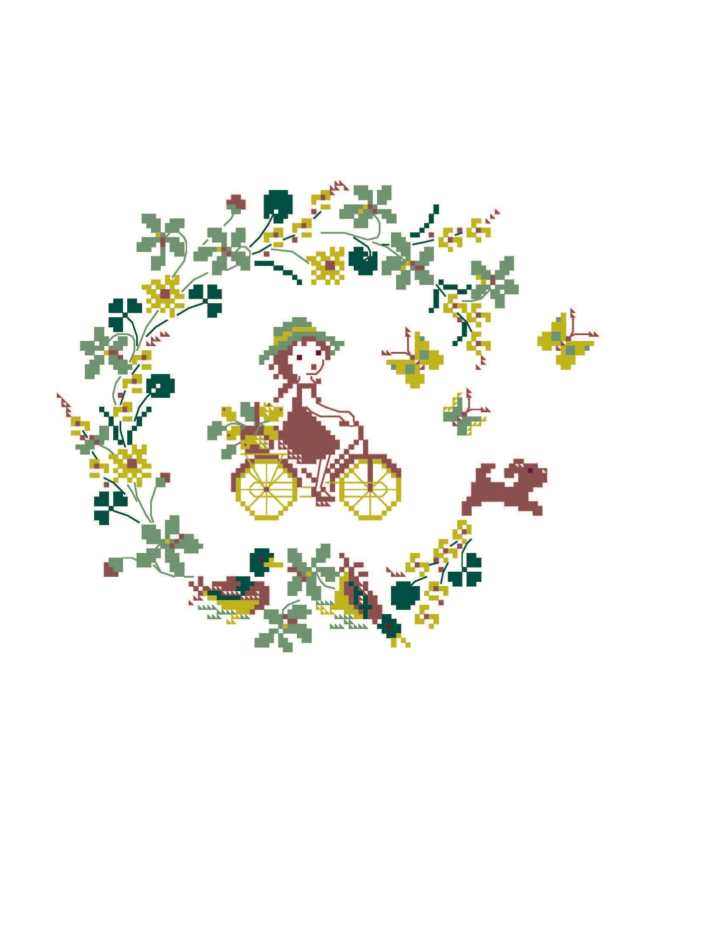 Grille point de croix bucolique : petite fille à vélo dans les chemins fleuris, papillons et écureuil. Création de Perrette Samouiloff. 115 x 100 points, point de croix 2 brins.