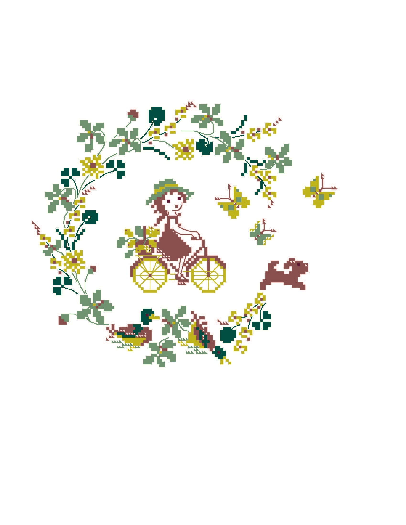 Grille point de croix bucolique : petite fille à vélo dans les chemins fleuris, papillons et écureuil. Création de Perrette Samouiloff. 115 x 100 points, point de croix 2 brins.
