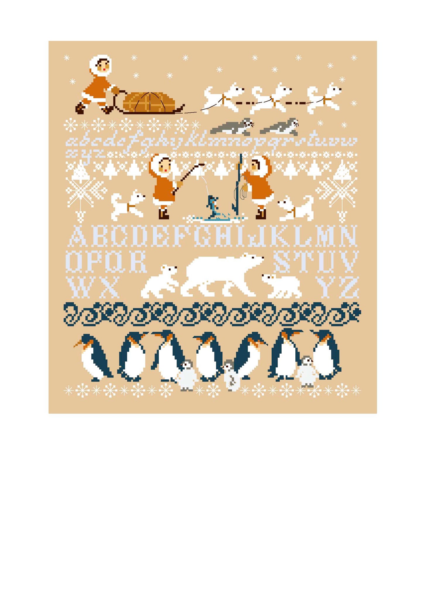 Grille point de croix de Perrette Samouïloff : alphabet banquise avec igloos, ours blancs et pingouins, 150x173 pts. Broderie hivernale pleine de poésie.
