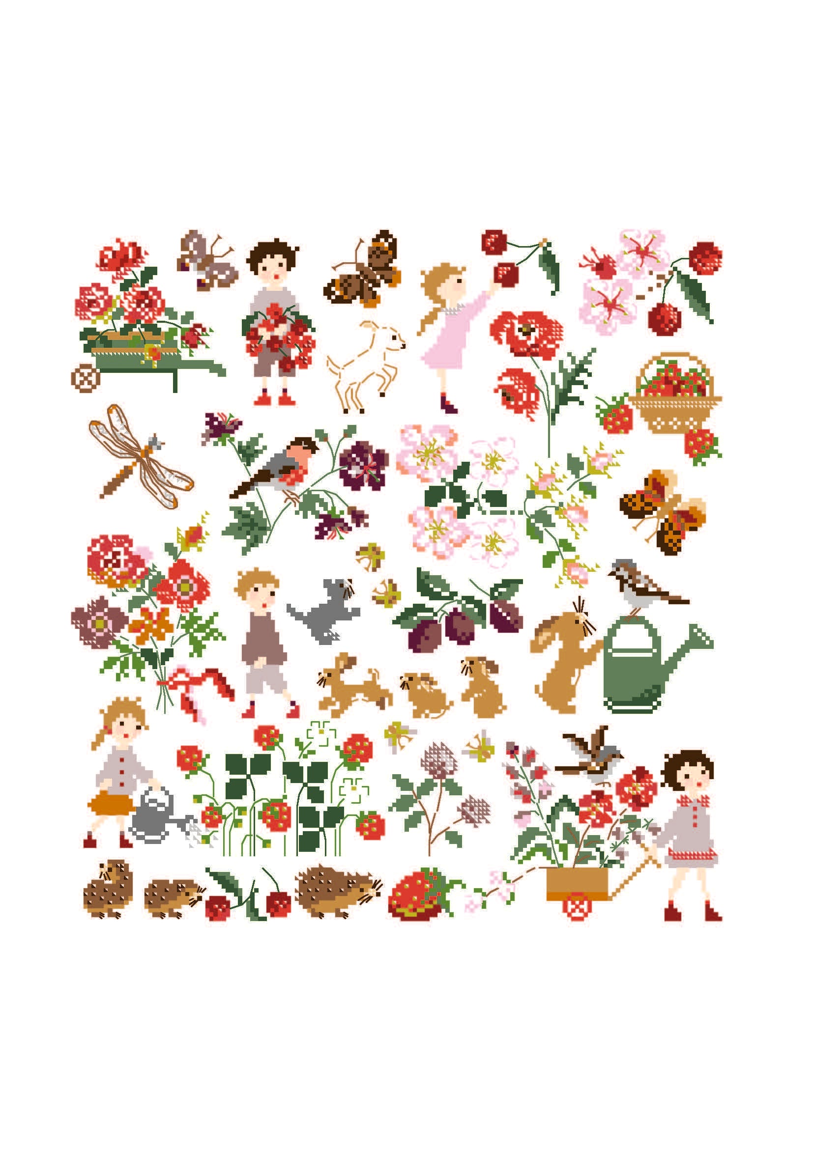 Grille point de croix Cerises et Fraises de Perrette Samouiloff. Jardin coloré 160x170 points, enfants, animaux et fleurs. À broder sur toile claire.