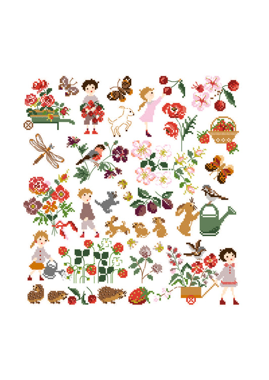 Grille point de croix Cerises et Fraises de Perrette Samouiloff. Jardin coloré 160x170 points, enfants, animaux et fleurs. À broder sur toile claire.