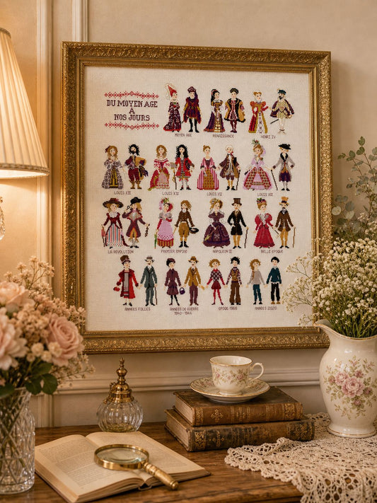 Grille point de croix Costumes d'Hier à Aujourd'hui de Perrette Samouiloff. Voyage historique 302x339 points, du Moyen Âge à nos jours. Toile claire.