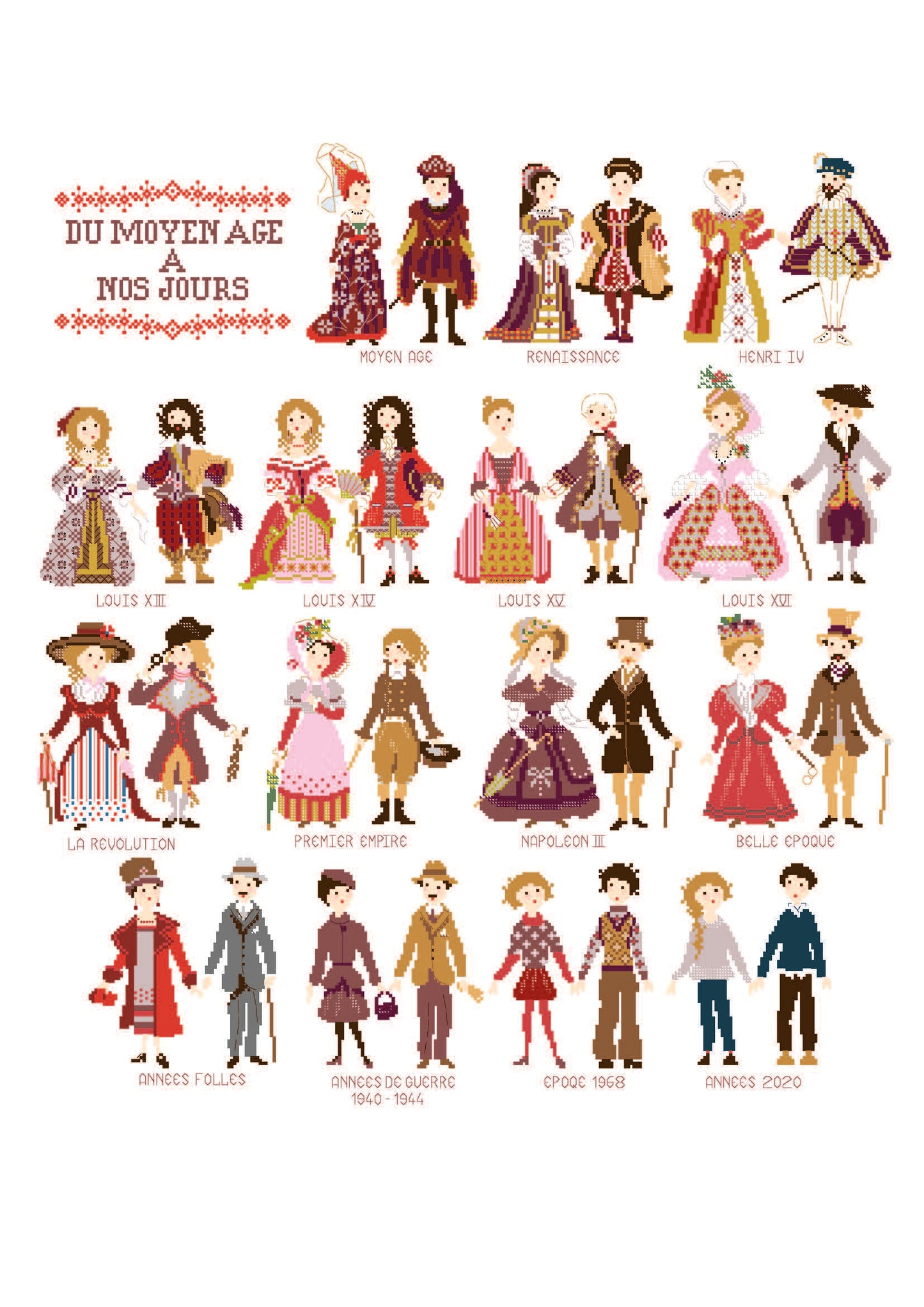 Grille point de croix Costumes d'Hier à Aujourd'hui de Perrette Samouiloff. Voyage historique 302x339 points, du Moyen Âge à nos jours. Toile claire.