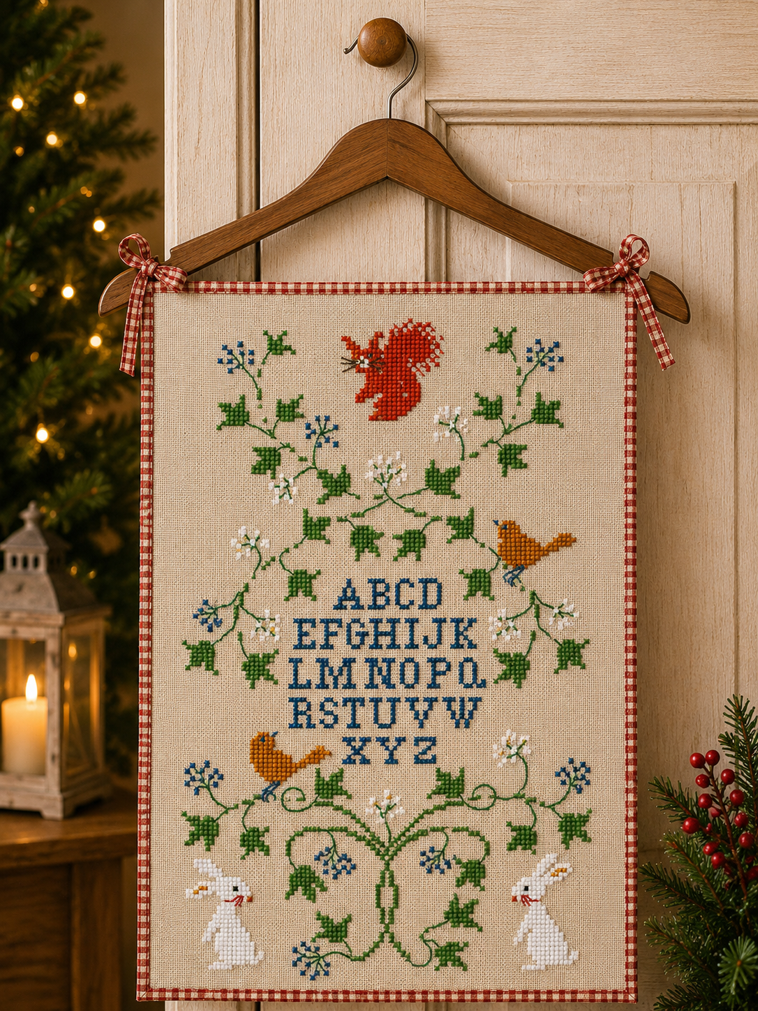 Grille point de croix de Perrette Samouïloff : alphabet dégradé hiver avec lapins et oiseaux, 87x151 pts. Broderie hivernale et poétique sur toile bis.