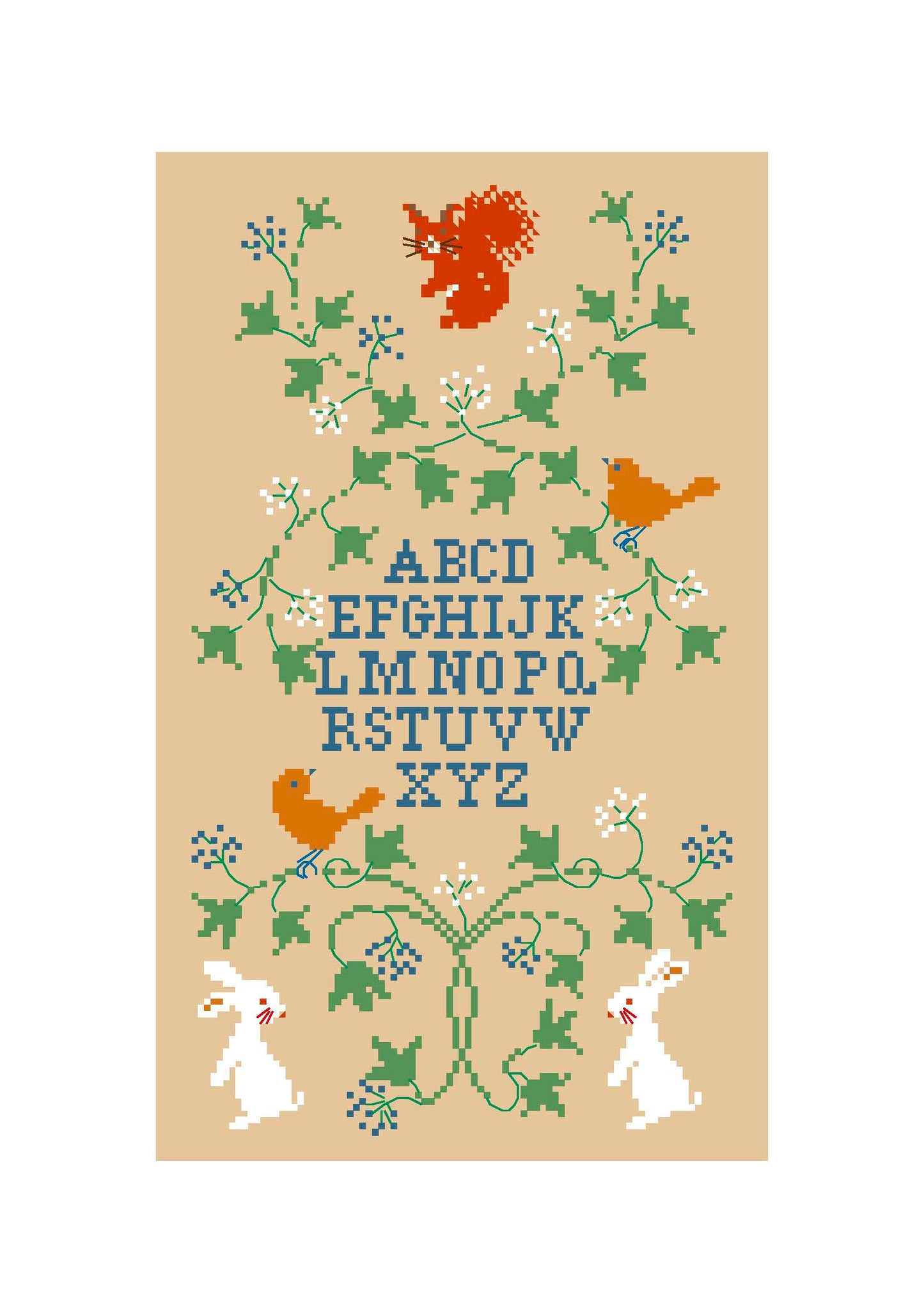 Grille point de croix de Perrette Samouïloff : alphabet dégradé hiver avec lapins et oiseaux, 87x151 pts. Broderie hivernale et poétique sur toile bis.