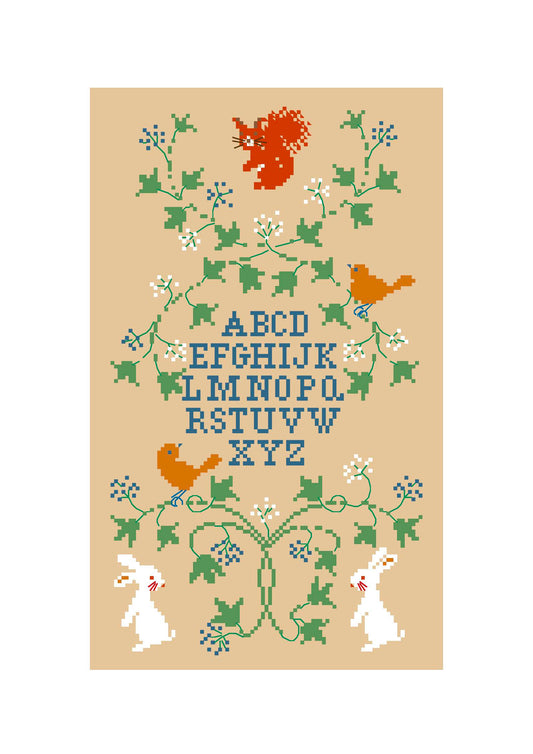Grille point de croix de Perrette Samouïloff : alphabet dégradé hiver avec lapins et oiseaux, 87x151 pts. Broderie hivernale et poétique sur toile bis.