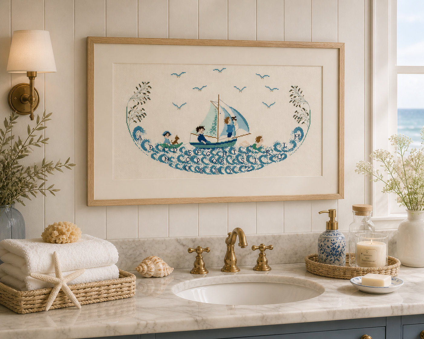 Grille point de croix "Des enfants de la mer" par Perrette Samouiloff. 245x156 pts, sur toile blanche. Téléchargement PDF. 10 €.