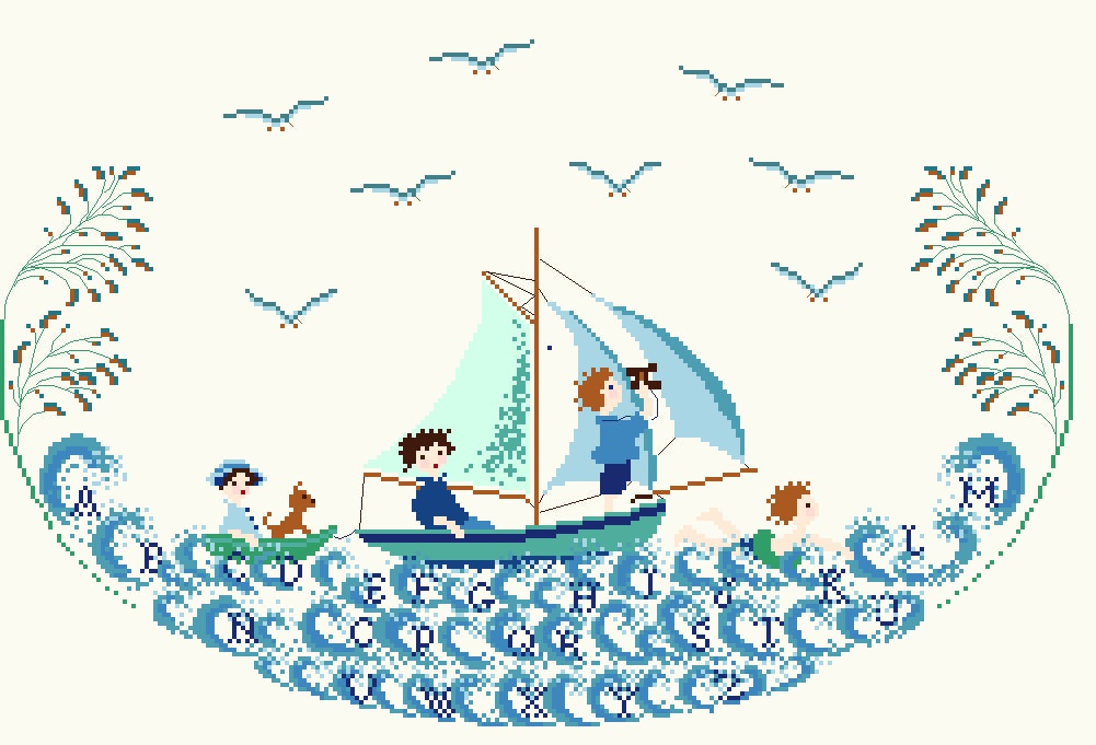 Grille point de croix "Des enfants de la mer" par Perrette Samouiloff. 245x156 pts, sur toile blanche. Téléchargement PDF. 10 €.