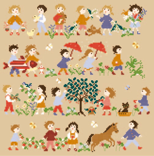 Grille point de croix Enfants au Printemps de Perrette Samouïloff. 157x157 points, techniques mixtes. 