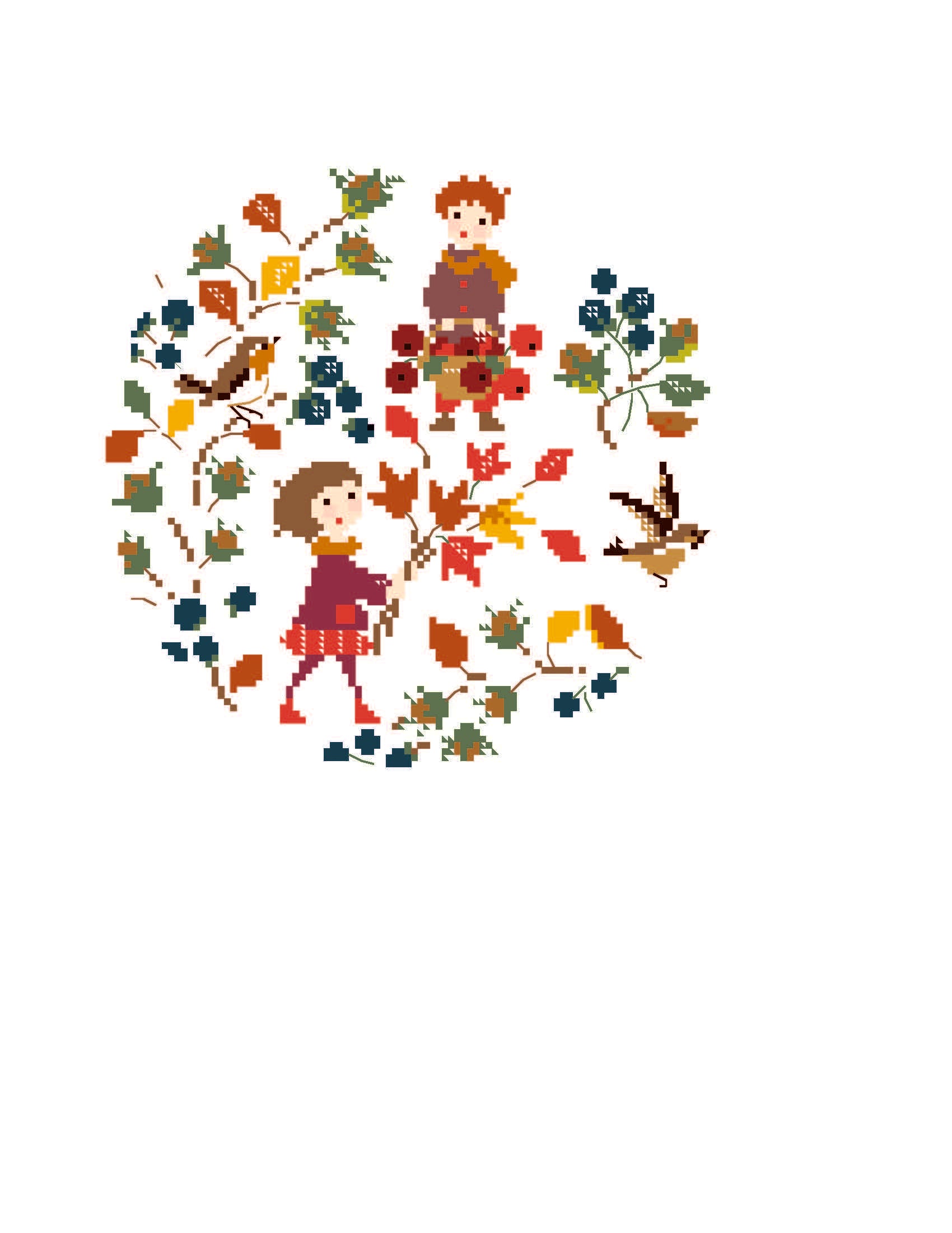 Grille point de croix Enfants d'Automne de Perrette Samouiloff. Scène automnale 97x96 points avec deux enfants, feuilles et oiseaux. À broder sur toile claire.