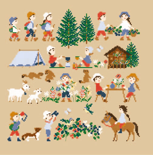 Grille inédite broderie point de croix : Enfants en montagne été camping par Perrette Samouiloff. 148×147 pts. Point de croix (2 brins), ¾ point, point de piqûre.