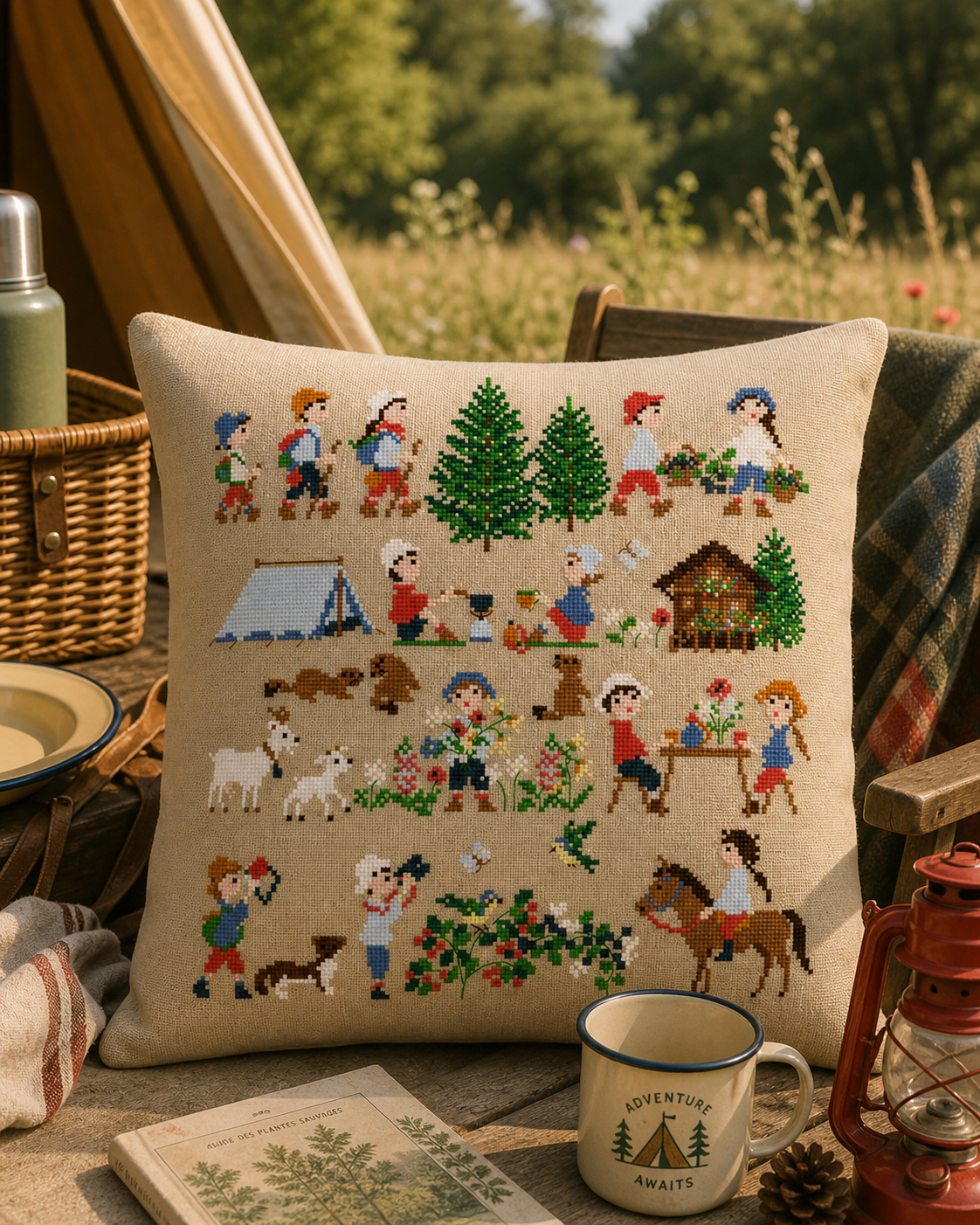 Grille inédite broderie point de croix : Enfants en montagne été camping par Perrette Samouiloff. 148×147 pts. Point de croix (2 brins), ¾ point, point de piqûre.