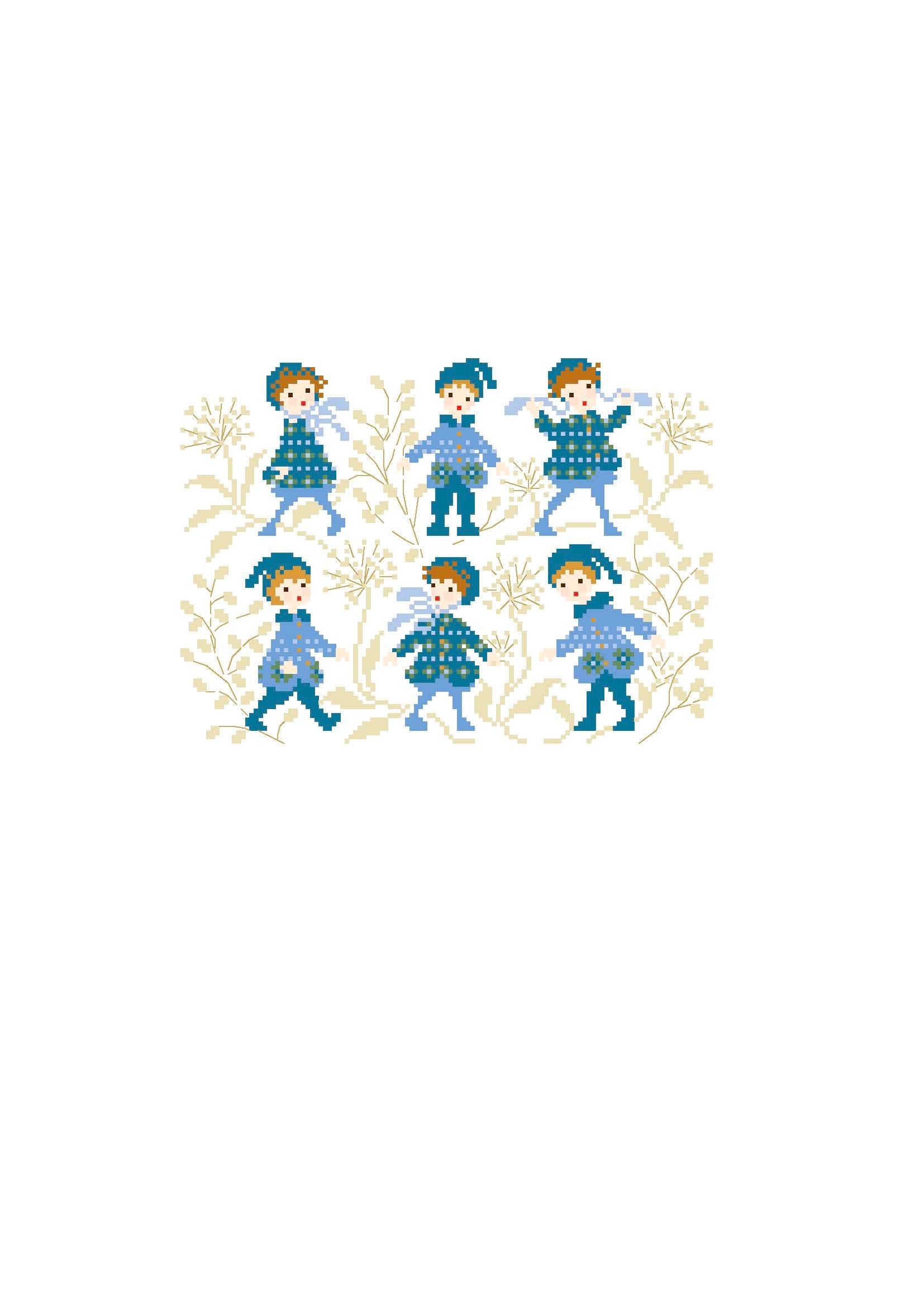 Grille point de croix de Perrette Samouïloff : enfants en manteau jacquard bleu, 123x89 pts. Broderie hivernale pleine de tendresse, idéale pour coussin ou frise.