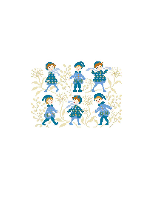 Grille point de croix de Perrette Samouïloff : enfants en manteau jacquard bleu, 123x89 pts. Broderie hivernale pleine de tendresse, idéale pour coussin ou frise.