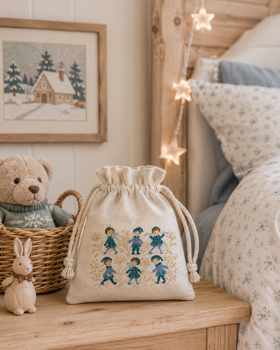 Grille point de croix de Perrette Samouïloff : enfants en manteau jacquard bleu, 123x89 pts. Broderie hivernale pleine de tendresse, idéale pour coussin ou frise.