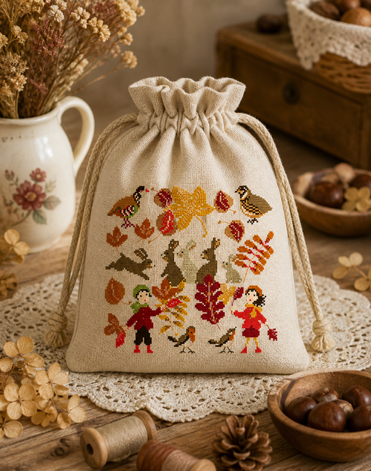 Grille point de croix Feuilles d'automne de Perrette Samouiloff. 120x120 points, motif automnal avec lapins, oiseaux et enfants. À broder sur toile claire.
