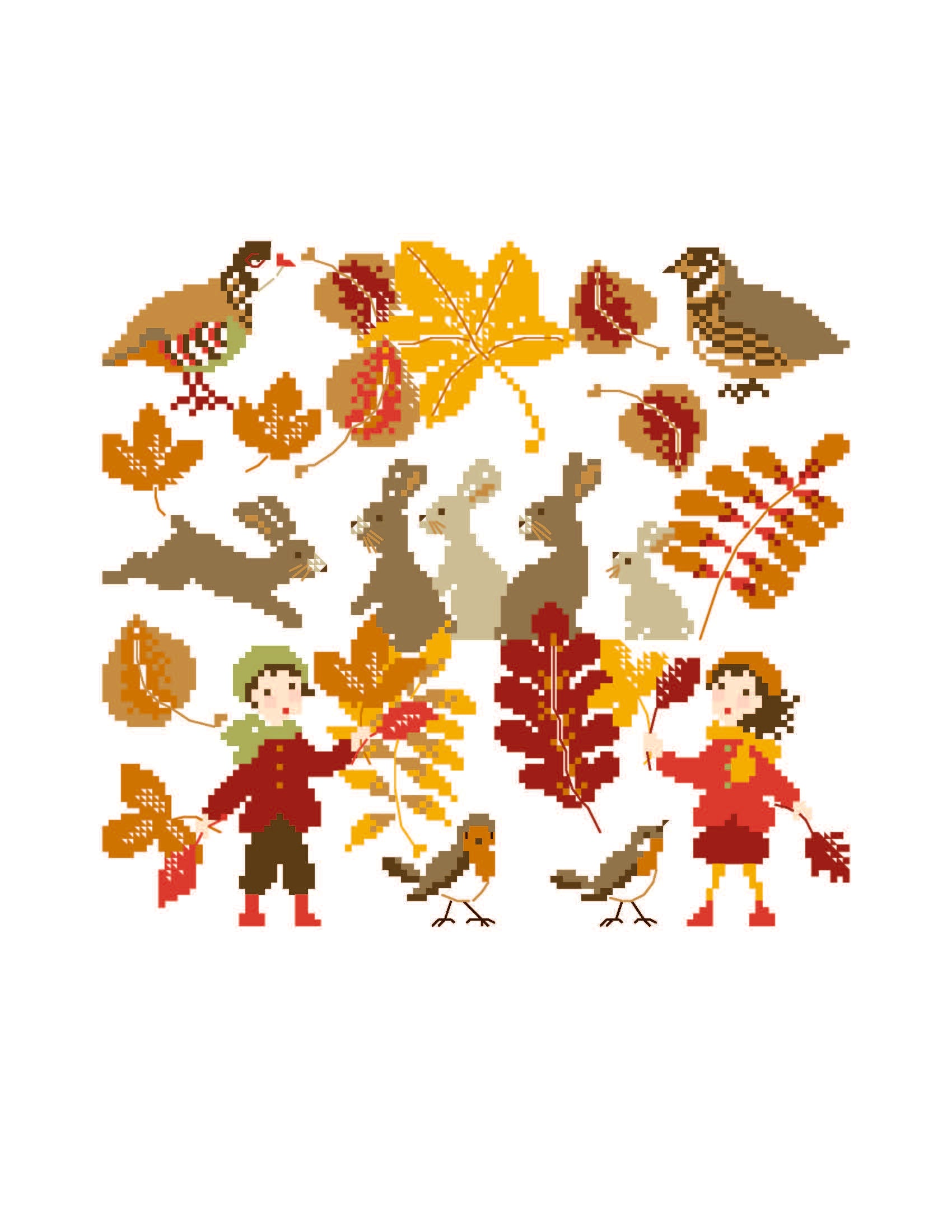 Grille point de croix Feuilles d'automne de Perrette Samouiloff. 120x120 points, motif automnal avec lapins, oiseaux et enfants. À broder sur toile claire.