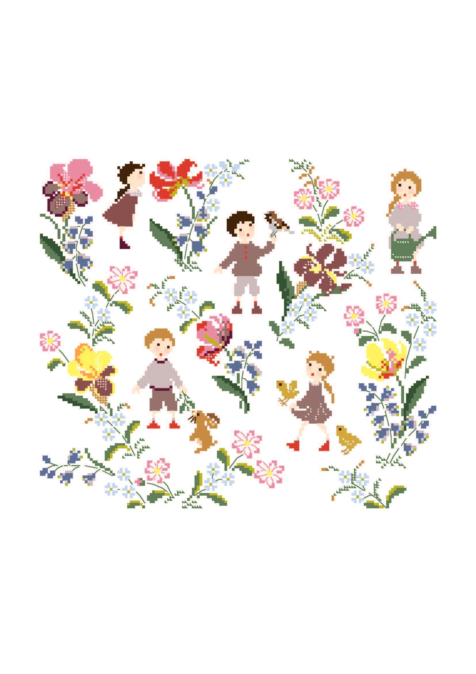 Grille point de croix Fleur de Printemps de Perrette Samouiloff. Farandole d'enfants, fleurs et papillons, 159x140 points. À broder sur toile claire.