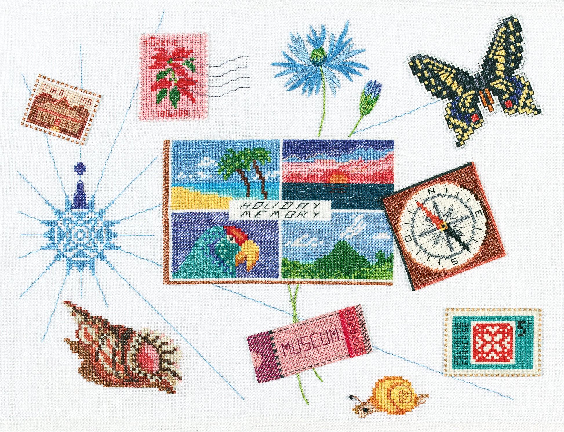 Grille de point de croix Collection de Papillons – papillons et insectes colorés brodés esprit naturaliste, 220×180 pt, environ 40×32,7 cm, sur lin écru 12 fils/cm, Création Point de Croix