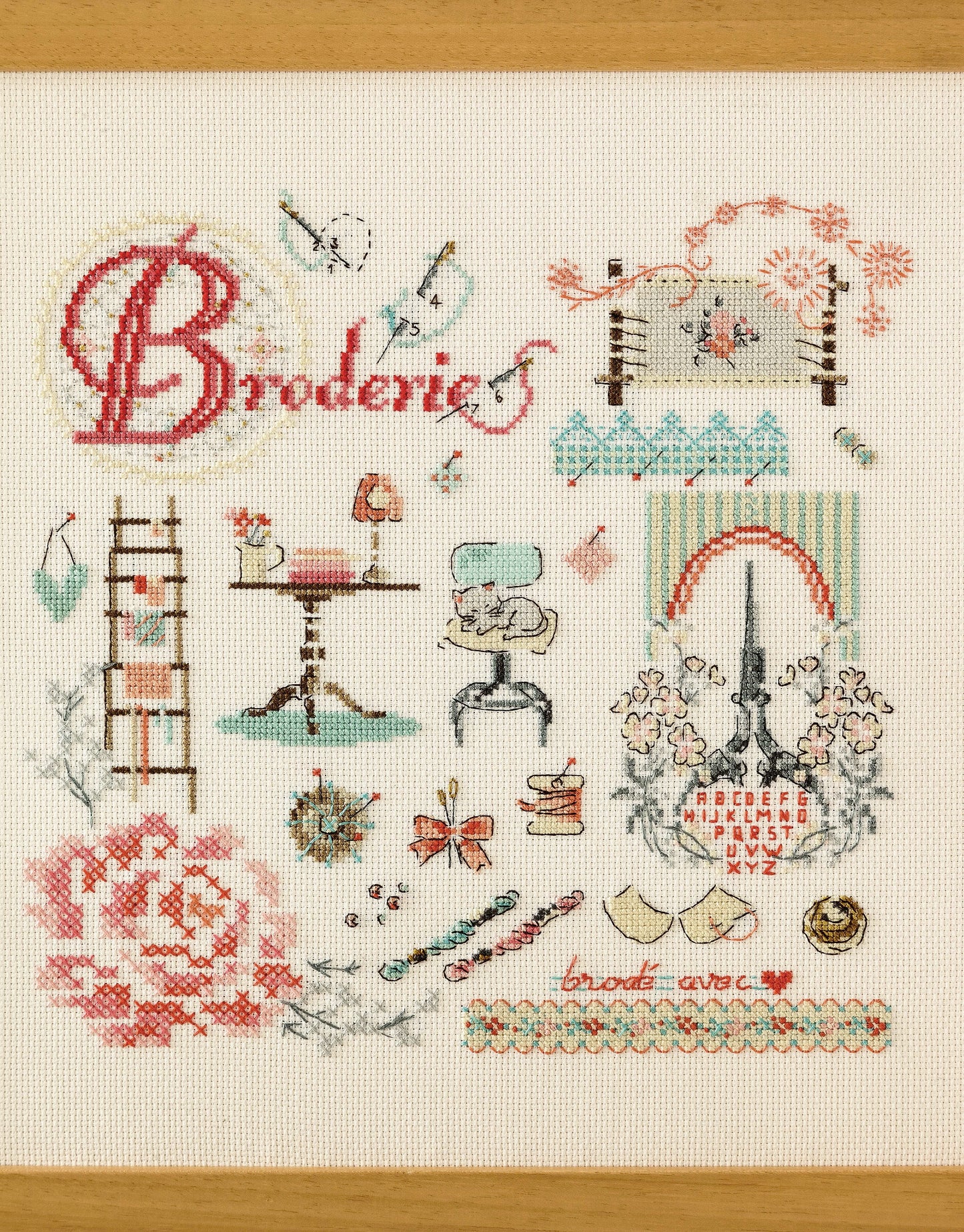 Grille de point de croix L'atelier broderie : tableau d'atelier sur Aïda 5,5 blanc. 150 x 152 points. Références DMC sur 4 pages.