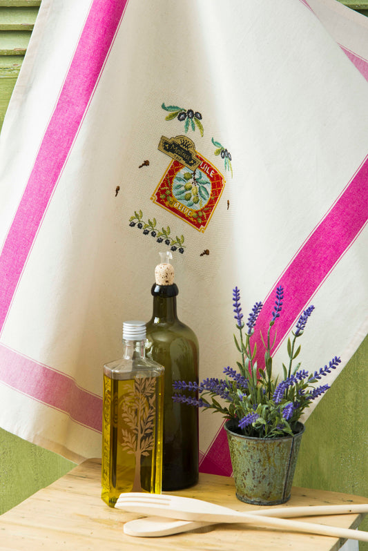 Grille de broderie point de croix : torchon Huile d'olive, épices & condiments, style provençal. 6 pages, couleurs DMC. Aïda ivoire.