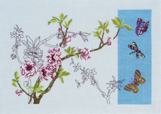 Grille de point de croix Effet Papillon – papillons et libellules brodés sur branche fleurie, tons rose, mauve et vert, 180×140 pt, environ 32,7×25,5 cm, sur lin blanc 11 fils/cm, Création Point de Croix