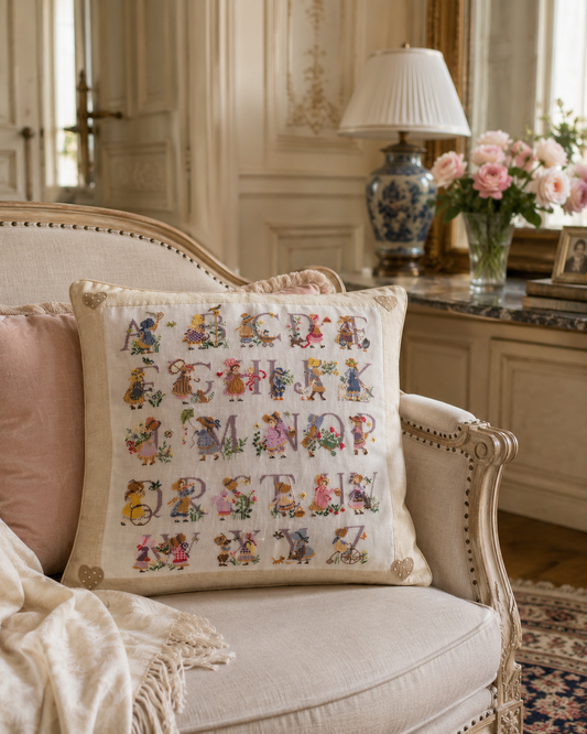 Grille point de croix : abécédaire Rose au chapeau, fleurs et pastel. 256×299 pts, Aïda 5,5 pts/cm ou lin 11 fils/cm. Réf. DMC, 8 pages.