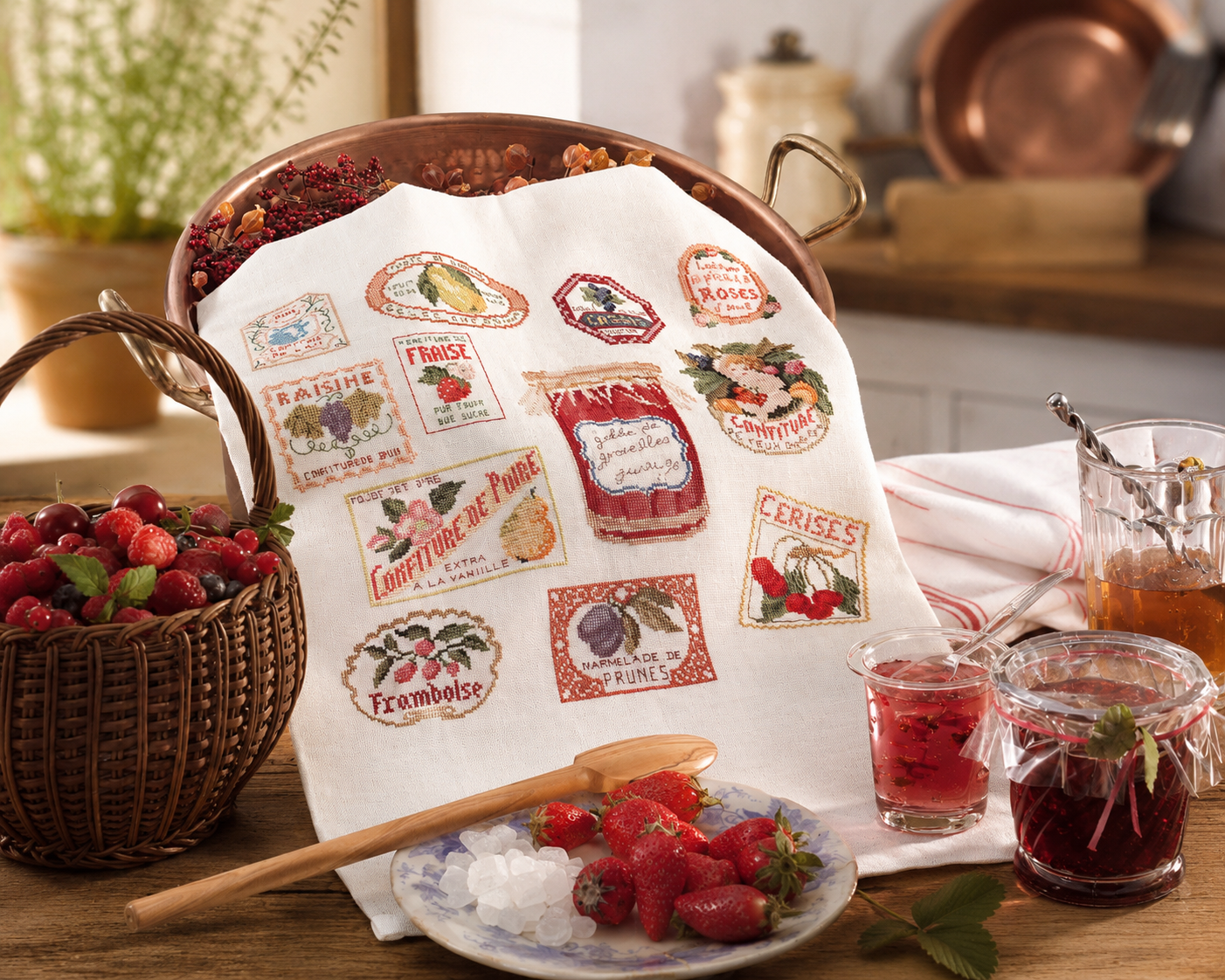 Grille point de croix – À s'en lécher les doigts : pots de confiture étiquetés, fruits du jardin et accessoires de cuisine brodés sur toile de lin thé 12 fils/cm, ambiance confitures maison et cuisine d'autrefois – Monique Bonin & Création Point de Croix