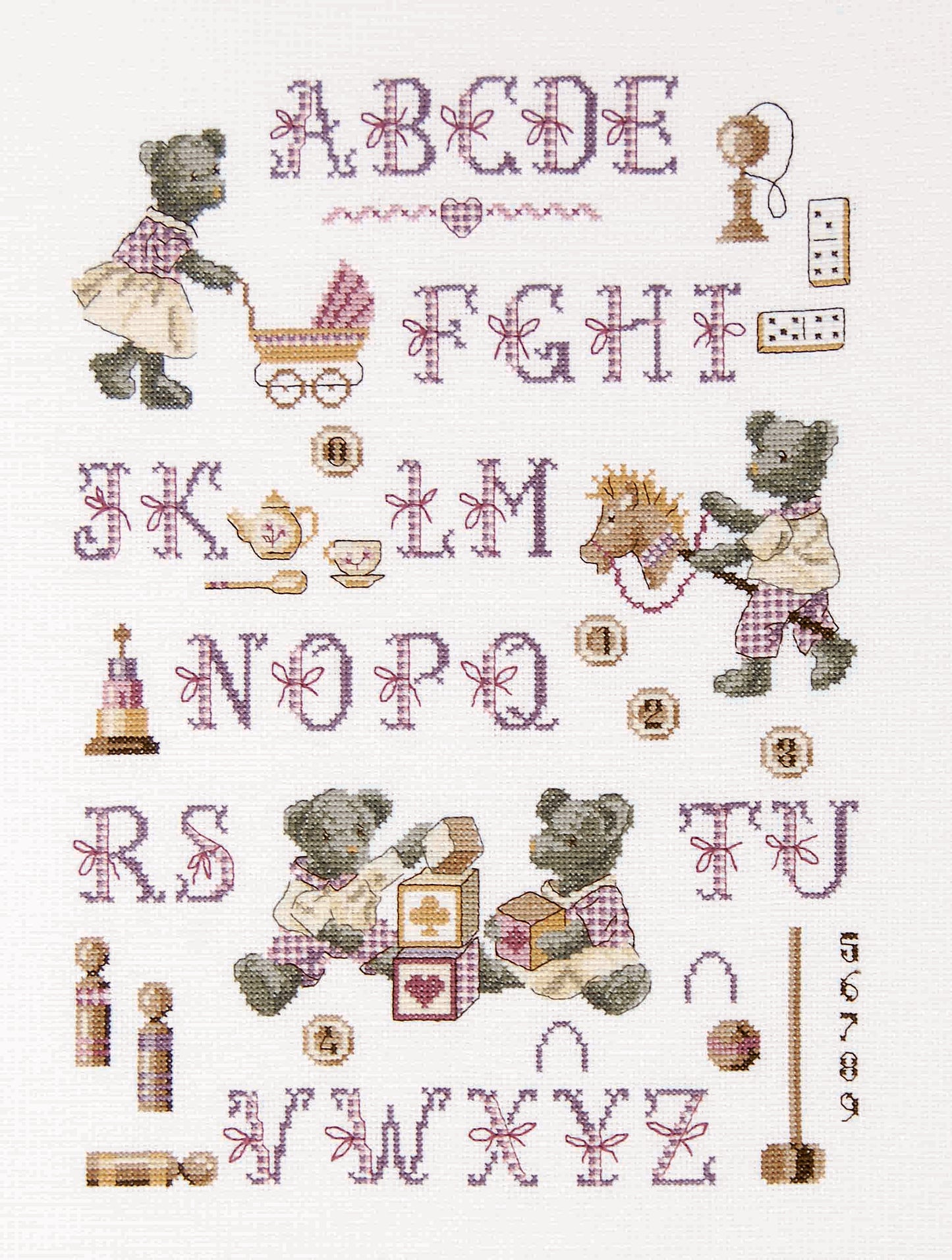 Grille de broderie point de croix imprimée avec symboles et couleurs DMC – Abécédaire Grand-papa ours, 6 pages