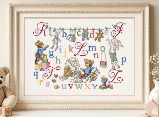 Grille point de croix : scène d’enfants en récréation sur lin 11 fils/cm, 31,3 × 25,1 cm. Tableau décoratif chambre enfant.