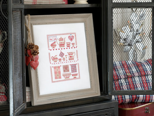 Grille broderie point de croix : tableau cuisine champêtre avec cœurs. Motifs rectangles 68x41 pts et carré 44x43 pts sur lin 11 fils. Ref. DMC.