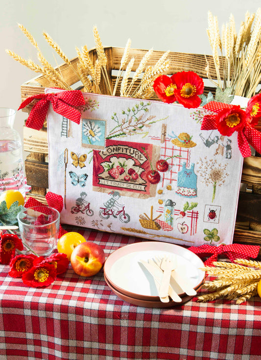 Grille point de croix – Campagne : scène rurale avec jardins, animaux et plaisirs champêtres brodés sur toile de lin blanc DMC, idéal pour décorer une cuisine ou véranda – Véronique Enginger & Création Point de Croix