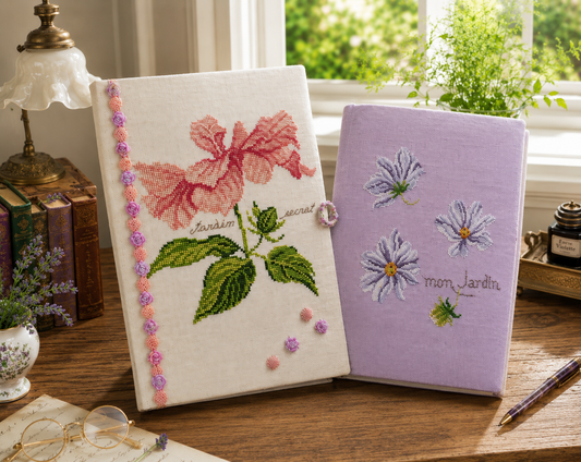 Grille point de croix : cosmos et hibiscus sur carnets et coussins. 3 motifs, Aïda 5,5-7 pts/cm ou lin 11-12 fils/cm. Réf. DMC, 10 pages.