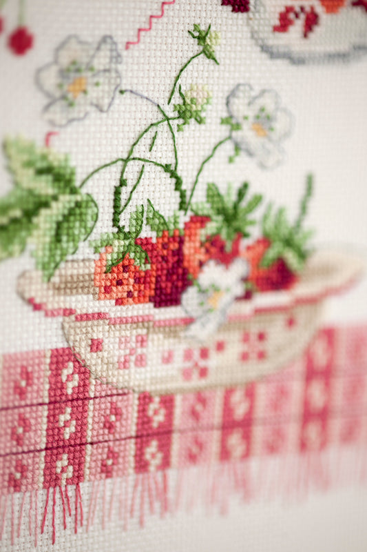 Grille de broderie au point de croix : Collection de bols & fraises, faïences fleuries et esprit champêtre. 6 pages avec symboles et références DMC. À broder sur lin.
