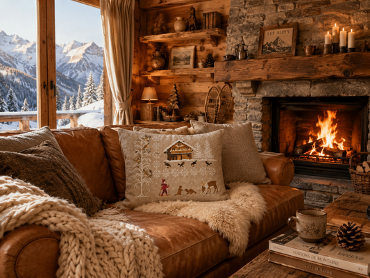 Sampler point de croix inspiré des paysages alpins : chalets, scènes hivernales et ambiance cosy. À broder sur lin 11 fils/cm ou Aïda 5,5 pts/cm. 180×140 pts.