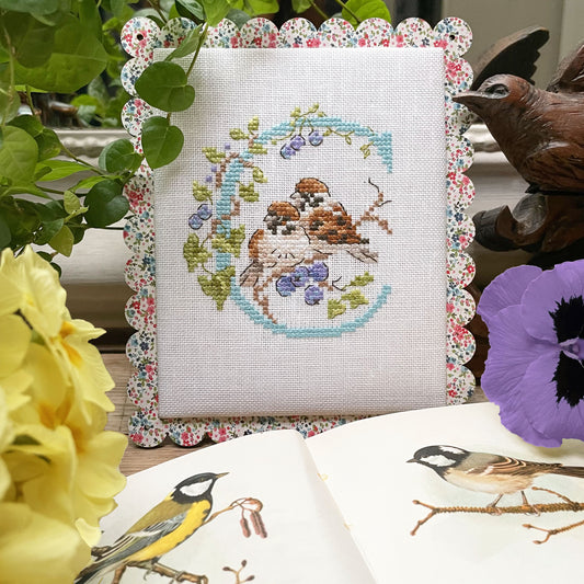 Grille de broderie point de croix « De doux oiseaux pour un printemps joyeux » des Brodeuses Parisiennes : oiseaux sur toile blanche 11 fils. DMC, 6 pages, motif 10 x 10 cm.