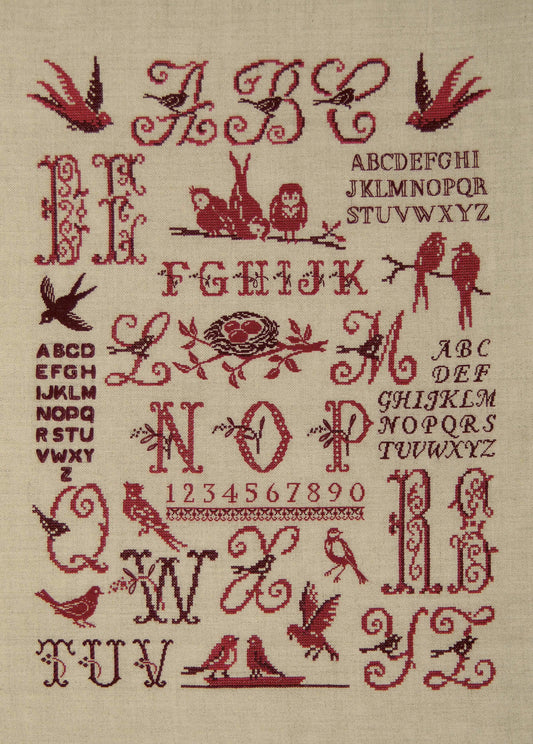 Abcédaires délicats, lettres et oiseaux, style scandinave. Grille point de croix, 6 pages, réf. DMC incluses.
