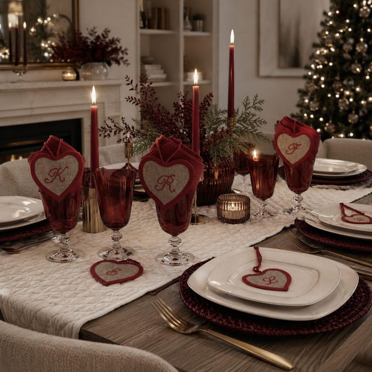 Grille point de croix : cœurs en lin personnalisés avec initiales ou motifs. Décoration de Noël originale et élégante.