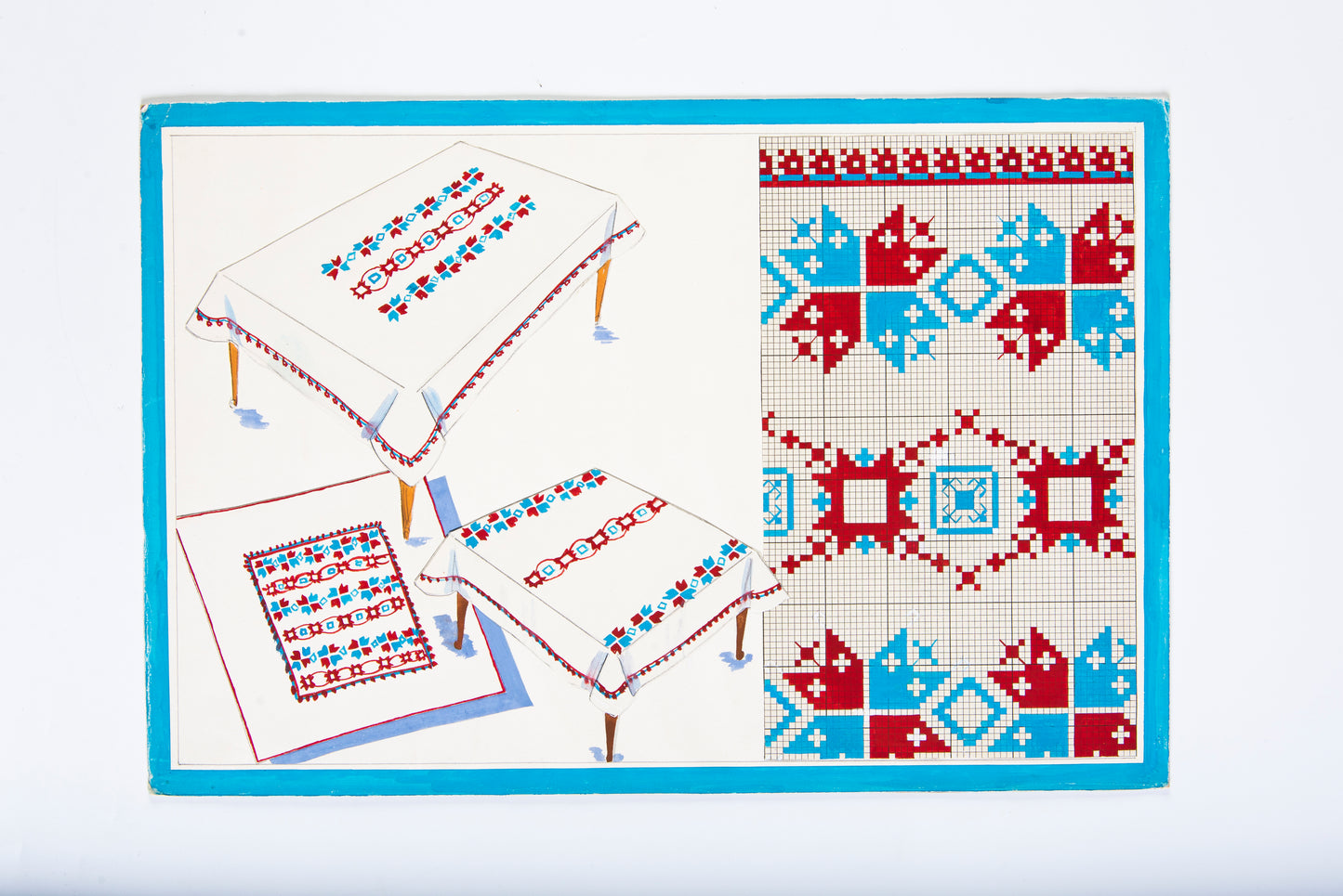 Grille point de croix – Des fleurs aux formes géométriques : frises florales stylisées rouge et bleu issues des archives DMC, inspirées des arts décoratifs du XXe siècle, sur toile de lin naturel 11 fils/cm – Création Point de Croix"