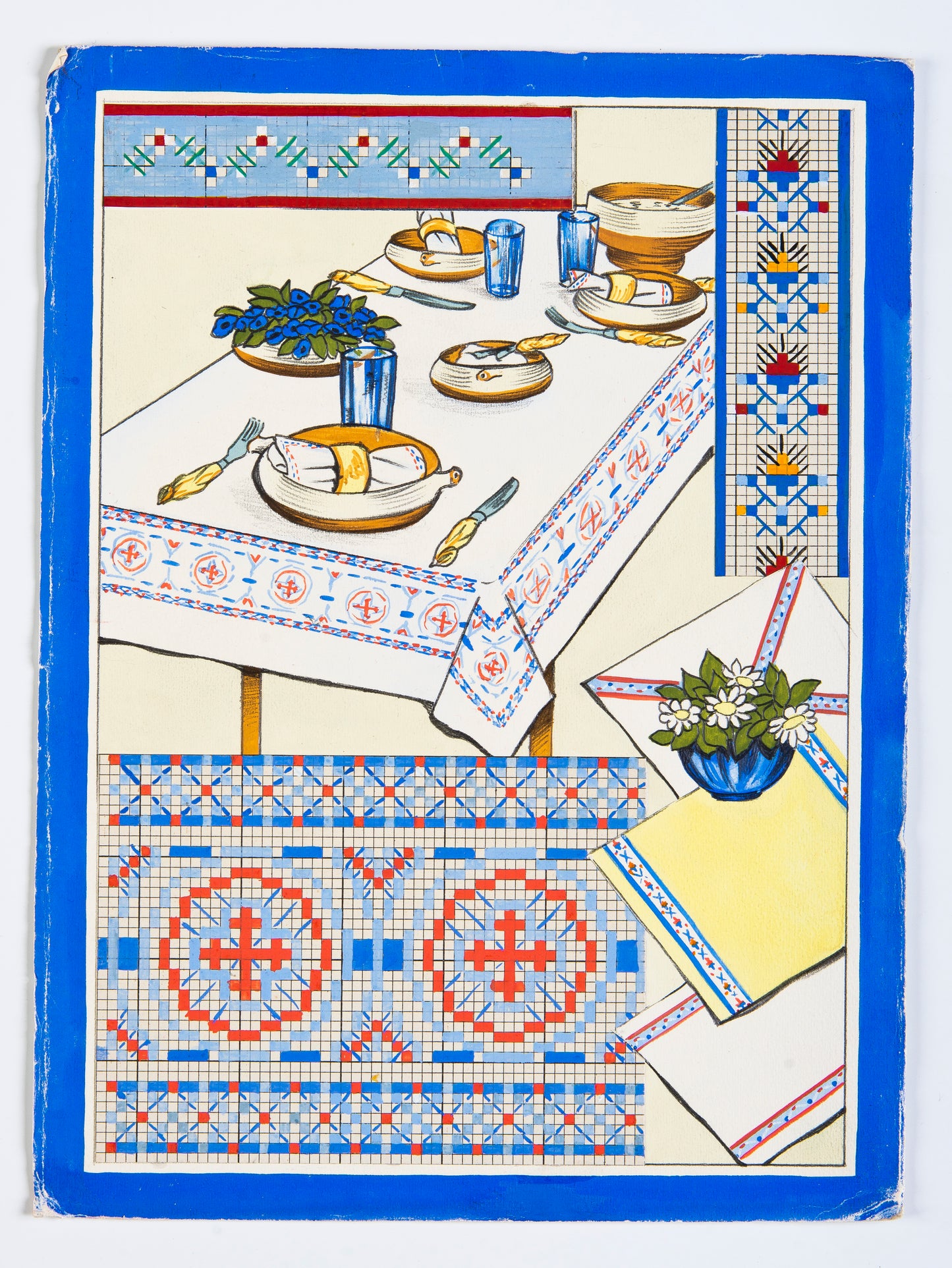 Grille point de croix – Esprit Mosaïque : rosaces, frises et entrelacs géométriques en bleu et rouge inspirés des archives du musée DMC, brodés sur toile de lin naturel 11 fils/cm, pour nappe et linge de maison – Création Point de Croix