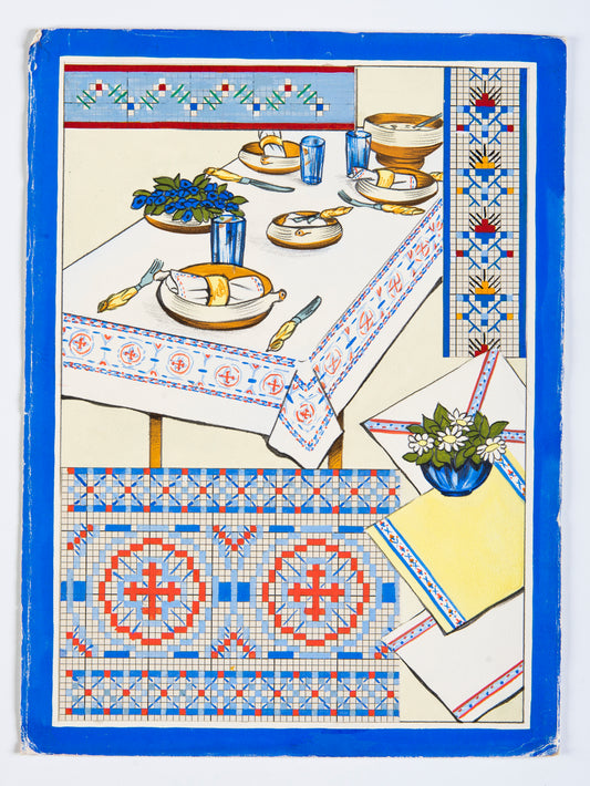 Grille point de croix – Esprit Mosaïque : rosaces, frises et entrelacs géométriques en bleu et rouge inspirés des archives du musée DMC, brodés sur toile de lin naturel 11 fils/cm, pour nappe et linge de maison – Création Point de Croix