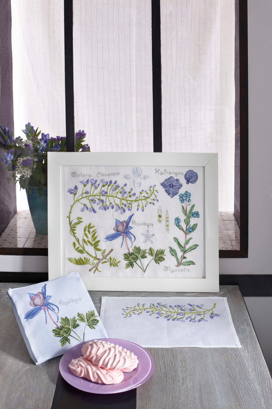Grille de broderie point de croix : Glycine et Myosotis, fleurs printanières. 200x246 points, 4 pages, couleurs DMC. Aïda et lin blanc.