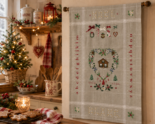 Grille point de croix : torchon Noël aux sapins, chalets, flocons et alphabet hivernal. À broder sur Aïda 5,5 ou lin 11 fils/cm. 10 pages couleur DMC.