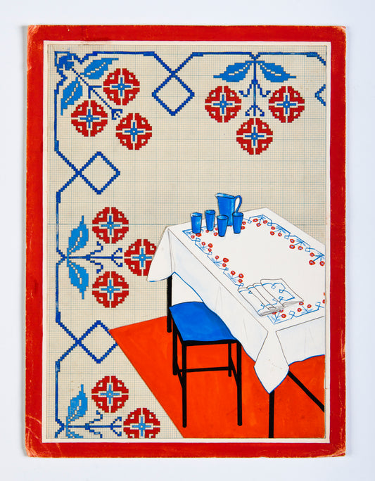 Grille point de croix – Jour de fête : bordure d'angle folklorique avec motifs géométriques et fleurs stylisées en bleu, rouge et blanc, issue des archives du musée DMC, sur toile de lin naturel 11 fils/cm – Création Point de Croix