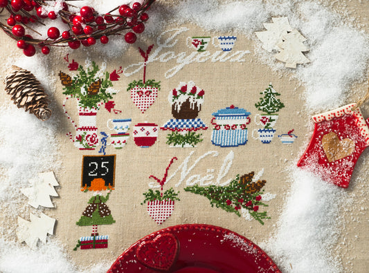 Grille de broderie point de croix : Joyeux Noël 25 décembre. 161x175 points, 4 pages, symboles et couleurs DMC. À broder sur lin bis.