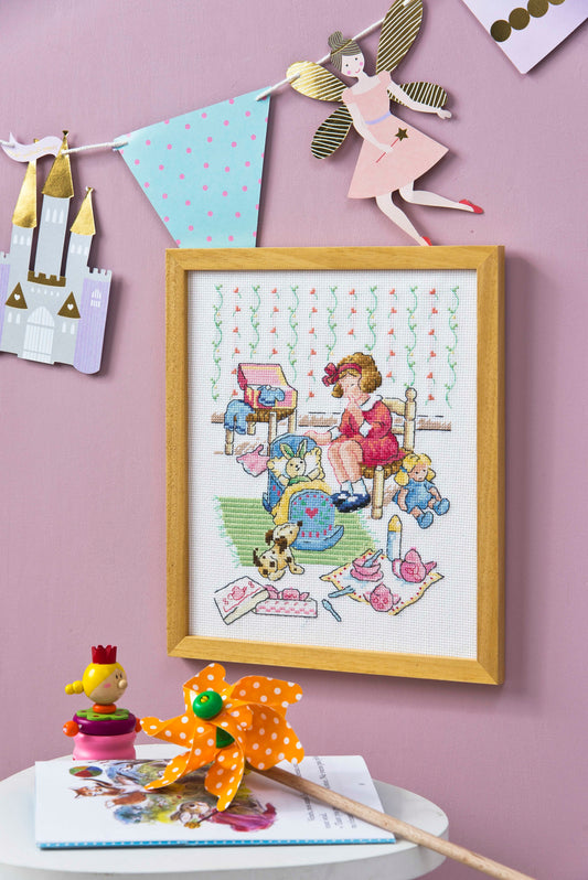 Grille de broderie point de croix : La petite maman et son lapinou. 140x120 points, 4 pages, couleurs DMC. À broder sur Aïda blanc.