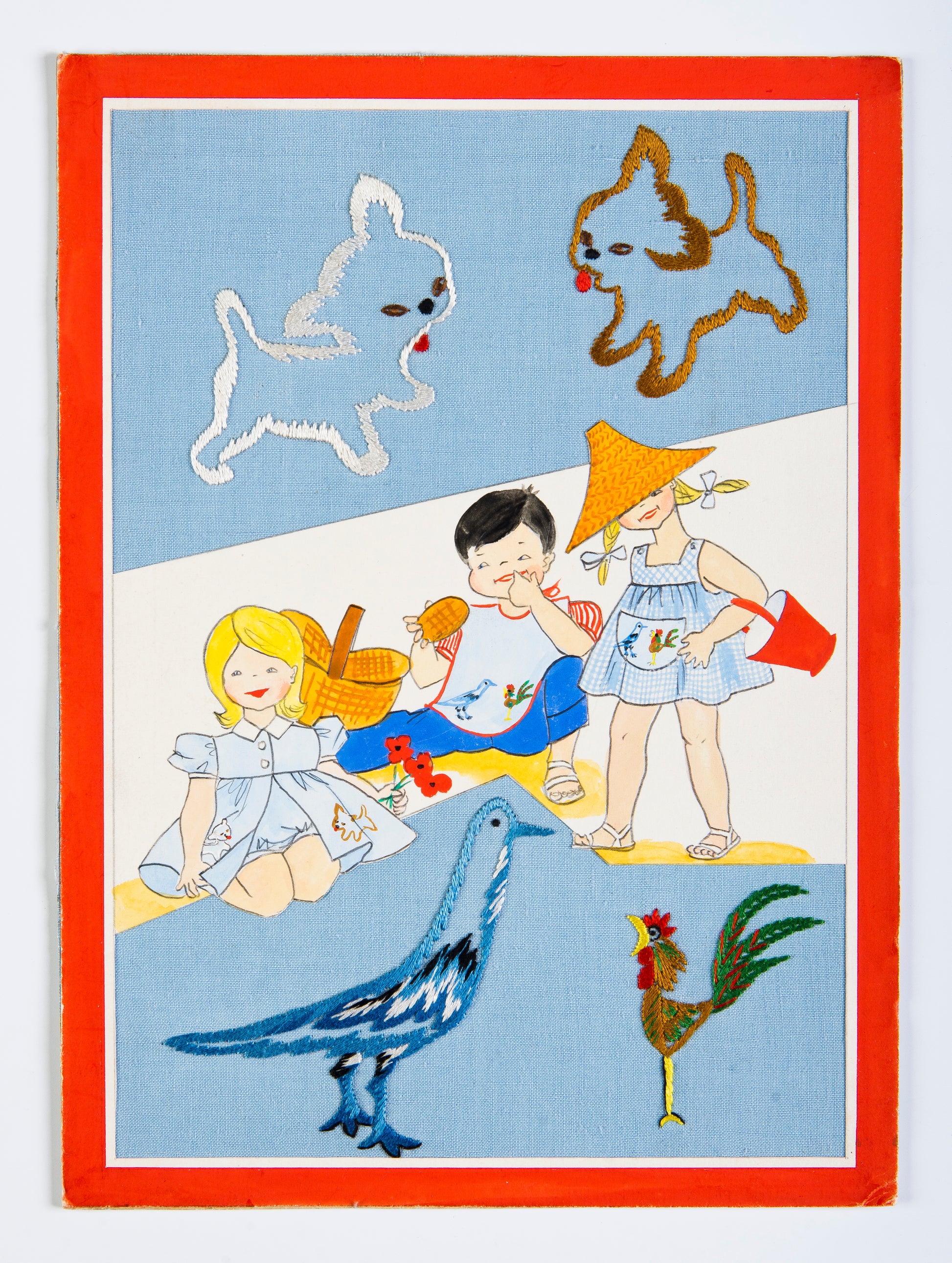 Grille point de croix – La plage, détail petits chiens : motif chiens espiègles 84×46 pts brodé sur toile de lin DMC 842, scène de plage pleine de charme – Création Point de Croix