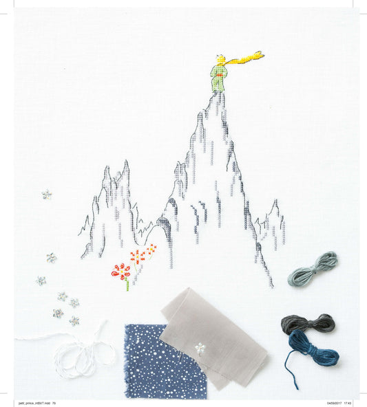 Grille de broderie point de croix : L’ascension du Petit Prince de Saint-Exupéry, 106x104 points sur 4 pages. Symboles et couleurs DMC, sur lin blanc ou Aïda.