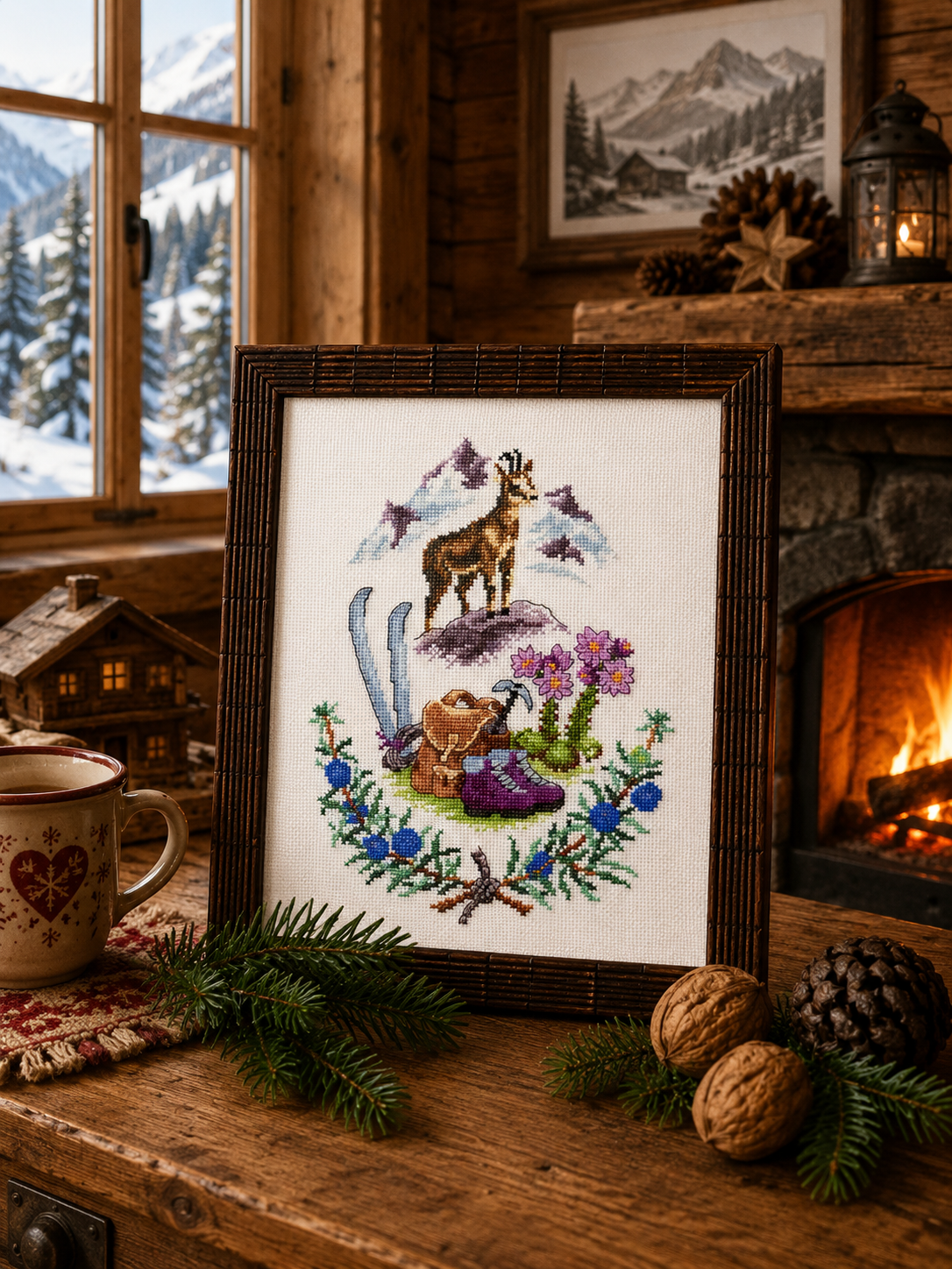 Grille de broderie au point de croix : Le chamois, animal alpin dans un décor de montagne fleuri. 6 pages avec symboles et références DMC. À broder sur Aïda ou lin.