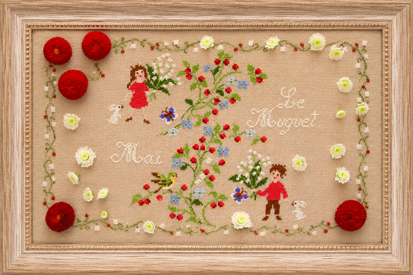 Grille broderie point de croix : le printemps par Perrette Samouiloff, muguet & fleurs, motif 138×120 pts, 25,1×21,8 cm. DMC, 6 pages.